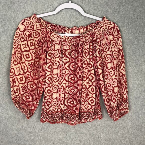 Nicole Miller Top Womens XS Red Blouse Puff Boho Rodeo Cottage Flowy Resort Twee - Picture 2 of 9
